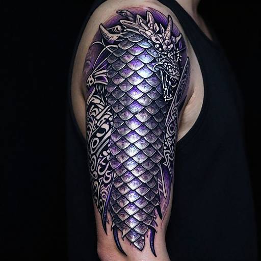 Photograph of a person's muscular arm featuring a detailed, metallic purple and black dragon-scale tattoo with intricate black patterns on a black background.