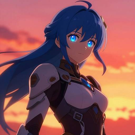 Digital anime-style drawing of a blue-haired, blue-eyed woman in futuristic armor against a vibrant sunset sky, with glowing eyes and intense expression.