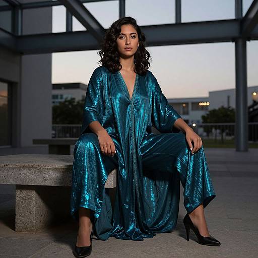 Confident Woman in Metallic Teal Tunic