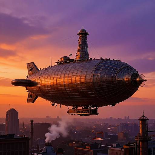 Photograph of a steampunk-style airship with a metallic, cylindrical body and central tower, glowing orange against a purple-orange sunset, over a