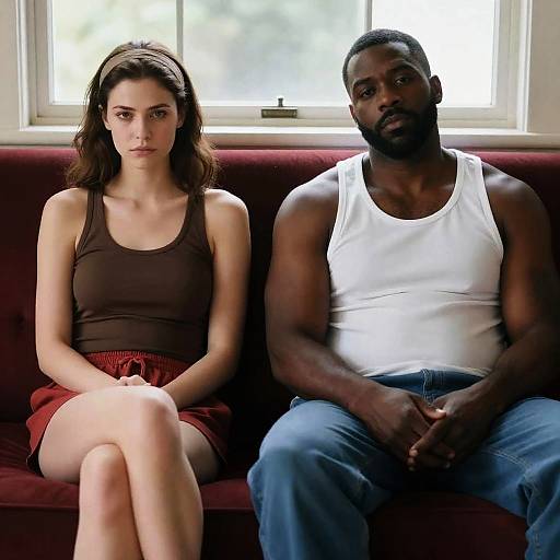 Serene Portrait on Dark Red Couch