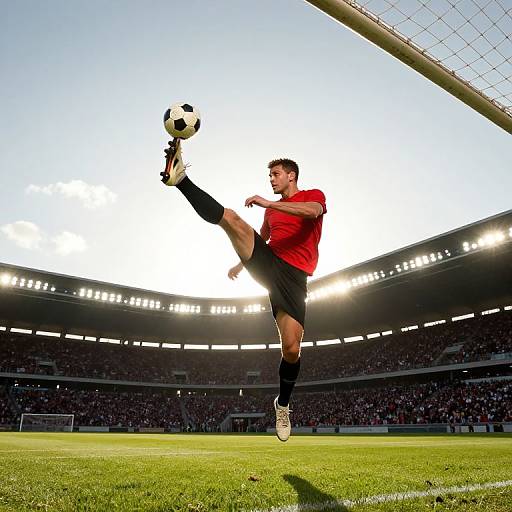 Photograph of male soccer player in red shirt and black shorts, mid-air kick, soccer ball above head, stadium lights glowing, clear blue sky,