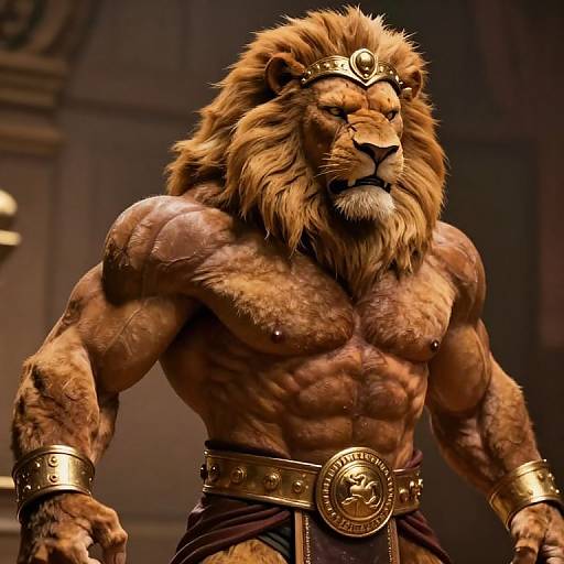 Digital artwork of a muscular anthropomorphic lion warrior with a golden crown, arm bands, and belt, standing in a dimly lit, stone-walled