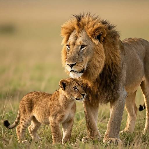 Photograph of a majestic male lion with a full mane standing protectively beside his cub in a sunlit grassy savanna.