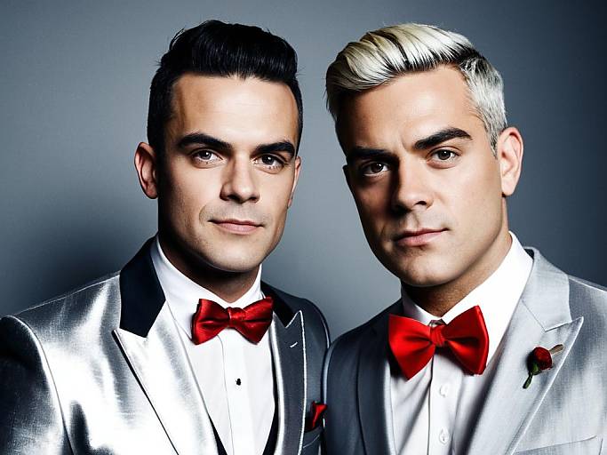 Photograph of two white men with short hair, wearing silver suits, white shirts, and red bow ties, against a gray background.