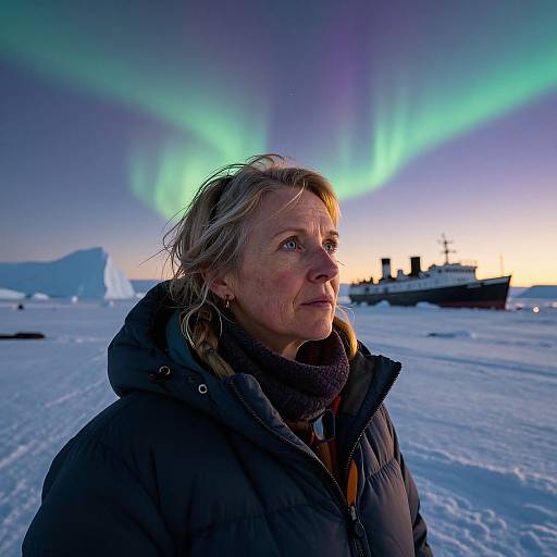 Photograph of a blonde woman in a dark winter jacket, standing on icy Arctic landscape, gazing at vibrant green aurora borealis, with a