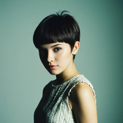Young Woman with Pixie Cut Hairstyle in Elegant Dress