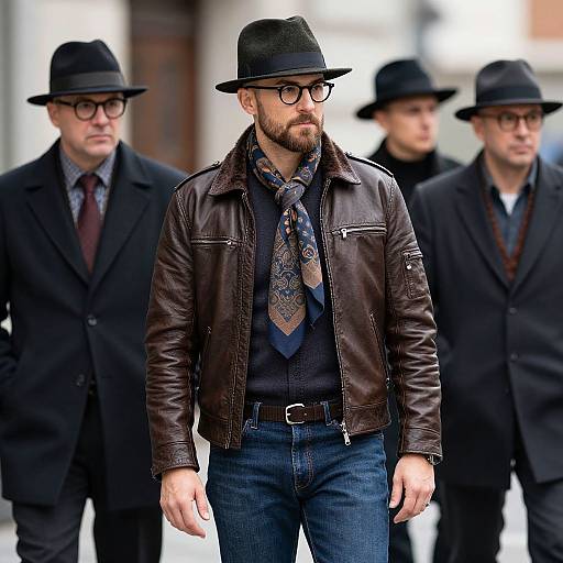 Photograph of a bearded man in a black hat, glasses, brown leather jacket, patterned tie, and jeans, flanked by three similarly