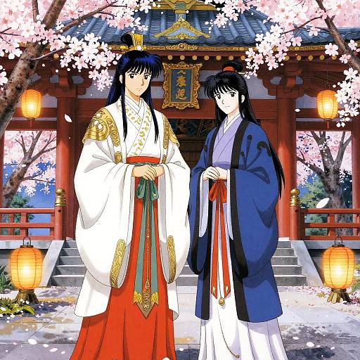 Anime-style drawing of two black-haired men in traditional Japanese attire, standing in front of a cherry blossom-filled shrine at night.