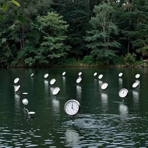 Photograph of a serene forest lake with numerous white clock faces floating on the water, surrounded by dense green trees.
