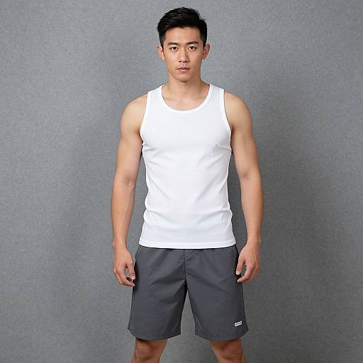 Photograph of a young Asian man with short black hair, wearing a white tank top and dark gray shorts, standing against a gray textured background.