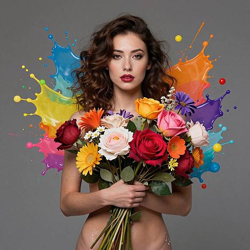 Photograph of a curly-haired woman with fair skin and red lipstick, holding a vibrant bouquet of roses and flowers against a gray background, with colorful paint