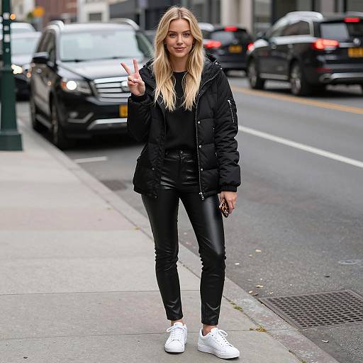 Blonde Woman Making Peace Sign on Urban Sidewalk