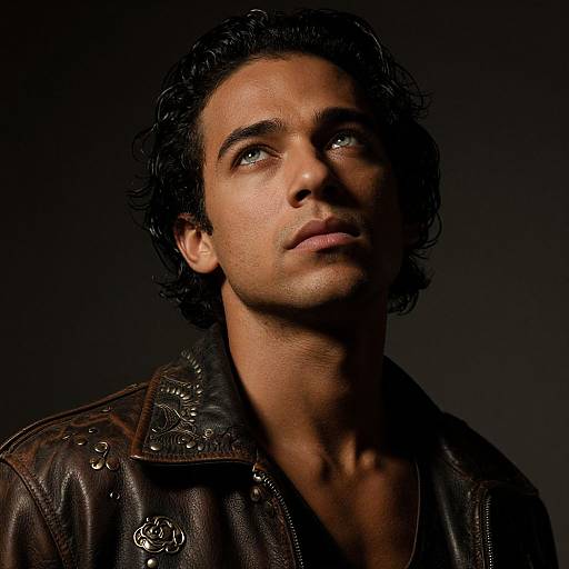 Photograph of a handsome, curly-haired man with light brown skin, blue eyes, and a leather jacket adorned with metal studs, looking upward against a