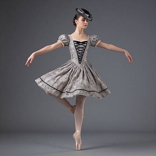 Photograph of a ballerina in a silver, black-laced, puffed-sleeve dress, black hat, and pointe shoes,