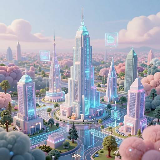 CGI image of a futuristic cityscape with glowing blue skyscrapers, pink cherry blossom trees, and floating screens, under a bright, cloudy sky