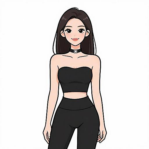 Digital anime-style drawing of a smiling young woman with long black hair, wearing a black choker, strapless black crop top, and black high-w
