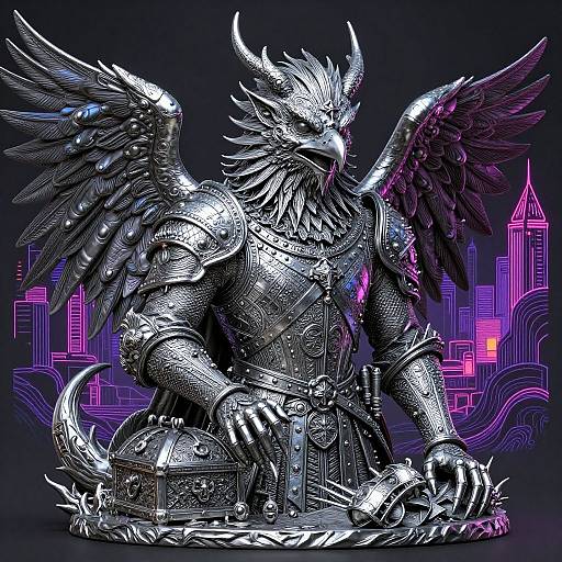 Digital art of a muscular, armored griffin with glowing purple wings, sitting before a futuristic cityscape with neon lights.
