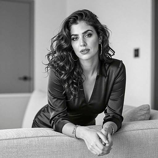 Confident Woman Leaning on Couch in Black and White