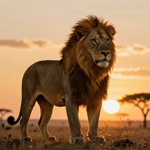 Photograph of a majestic male lion with a dense mane standing in a savanna at sunset, with a golden-orange sky and the sun partially hidden behind