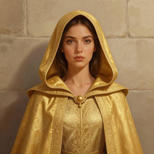 Digital artwork of a beautiful woman with fair skin and brown hair, wearing an ornate, golden hooded cloak, standing against a stone wall.