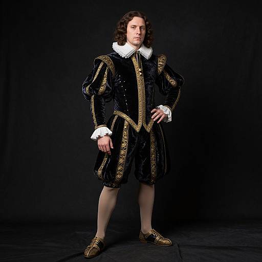 Photograph of a man with long brown hair, wearing a black velvet Renaissance-style outfit with gold trim, white ruffled collar, and gold shoes,
