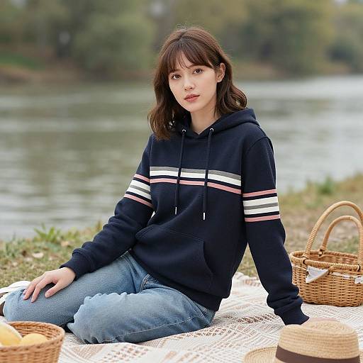 Photograph of a young woman with fair skin, brown hair, wearing a black hoodie with white and pink stripes, and blue jeans, sitting on a