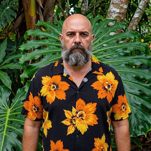 Middle-Aged Man in Tropical Floral Shirt