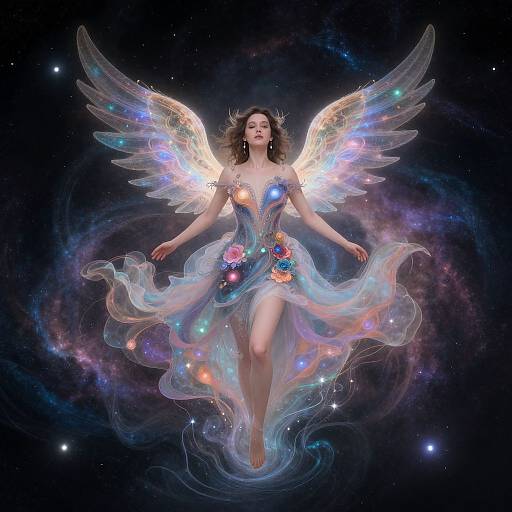 Digital artwork of a ethereal angelic woman with glowing wings, colorful floral dress, floating in a starry, cosmic background.