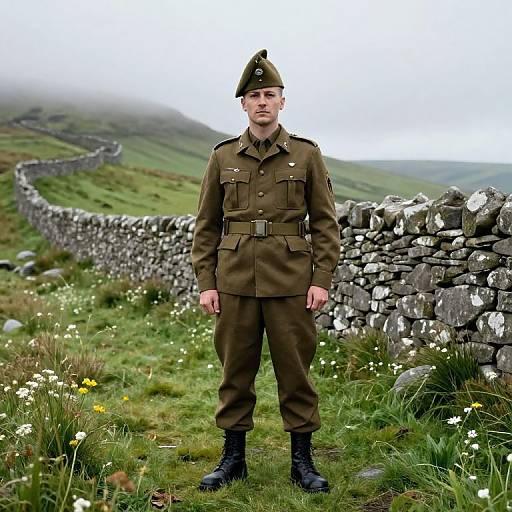 Photograph of a young white male soldier in brown WWII-style uniform and hat, standing in a grassy field with a stone wall and misty mountains