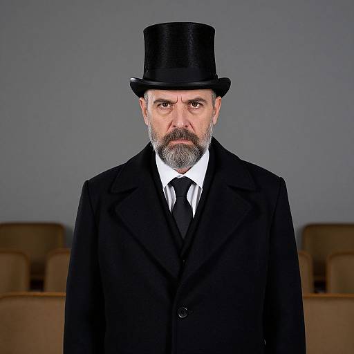 Photograph of a serious, bearded man with grey hair, wearing a black top hat, black suit, white shirt, and black tie, against