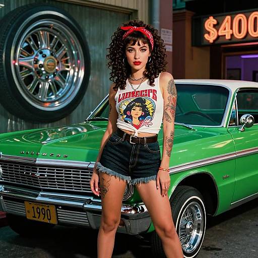 Photograph of a curly-haired woman with tattoos, red headband, 