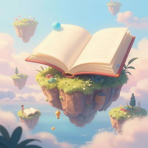 Fantasy digital painting of floating cliff islands with grass, small trees, and open books, under a bright blue sky with clouds.