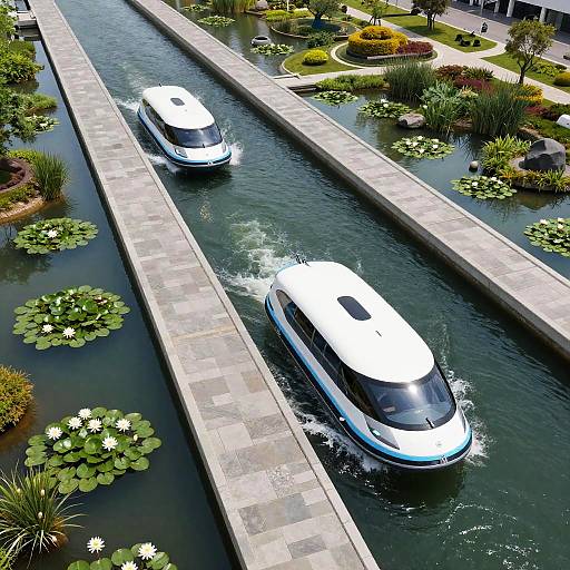 Aerial photo of two sleek, white, modern water taxis navigating a landscaped canal with lily pads and lush greenery.
