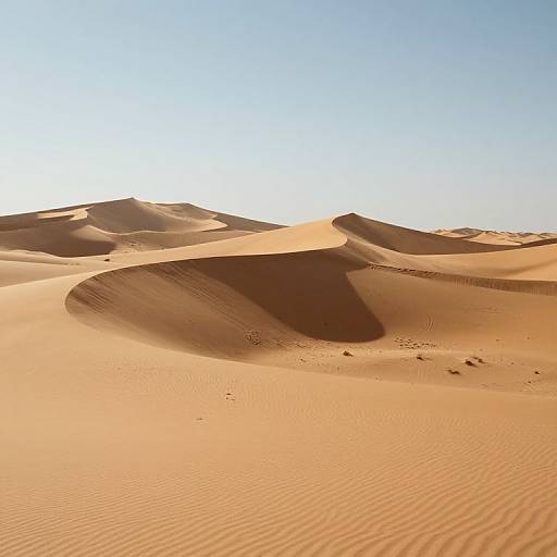 Photograph of vast desert with golden sand dunes under a clear blue sky, casting sharp shadows, and displaying rippled texture.