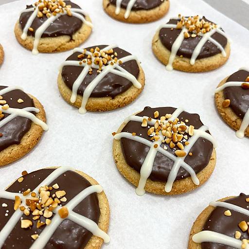 Photograph of nine chocolate-topped cookies with white icing drizzles and chopped nuts, arranged on a white plate.