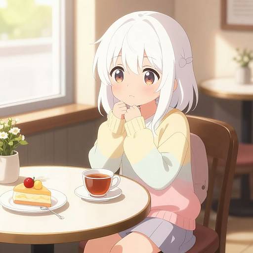 Anime-style digital drawing of a cute, white-haired girl in a pink sweater, sitting at a sunlit café table with tea and cake.