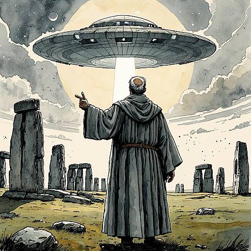 Medieval Monk Pointing at UFO Over Stonehenge