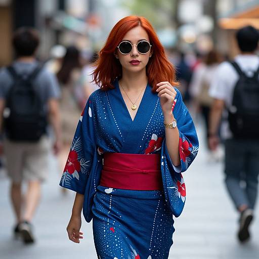 Photograph of a confident red-haired woman in a blue kimono with red sash and floral patterns, wearing round sunglasses, walking through a busy urban