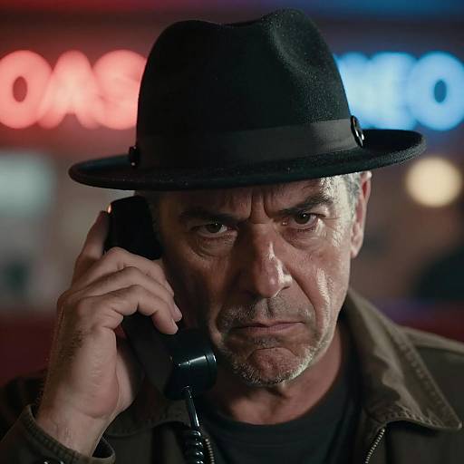 Stern Man with Telephone in Neon Light