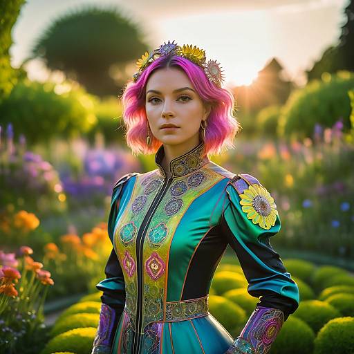 Somber Solarpunk Portrait in Blooming Garden