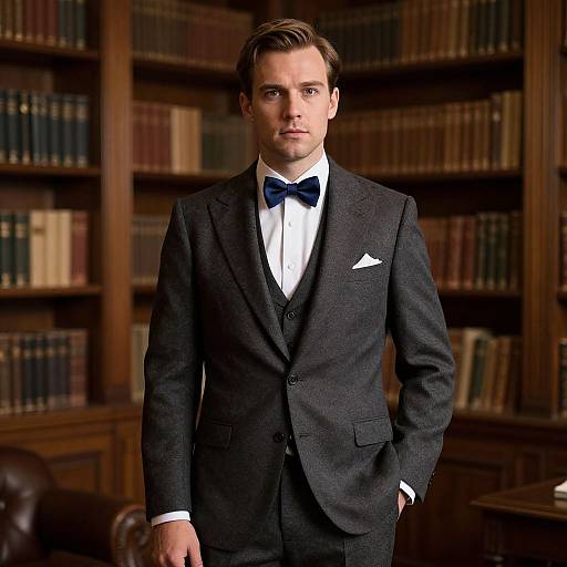 Photograph of a handsome man with short brown hair, wearing a black three-piece suit, white shirt, blue bow tie, and pocket square, standing