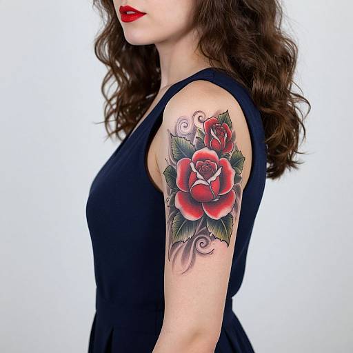 Photograph of a woman with wavy brown hair, red lipstick, and black sleeveless top, showcasing a vibrant red rose tattoo on her upper arm