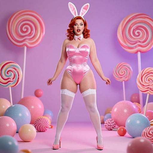 Photorealistic image of a red-haired woman in pink bunny suit, white thigh-high stockings, and bunny ears, surrounded by colorful lollipops
