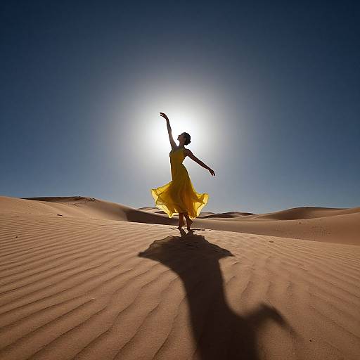 Silhouetted woman in flowing yellow dress dancing in sunlit desert, casting long shadow on rippled sand under clear blue sky.