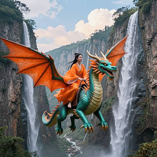 Photograph-style CGI of an Asian woman with long black hair in an orange kimono riding a vibrant turquoise dragon with orange wings, soaring above twin water