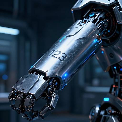 Close-up photograph of a futuristic, metallic robotic arm with glowing blue accents, numbered 