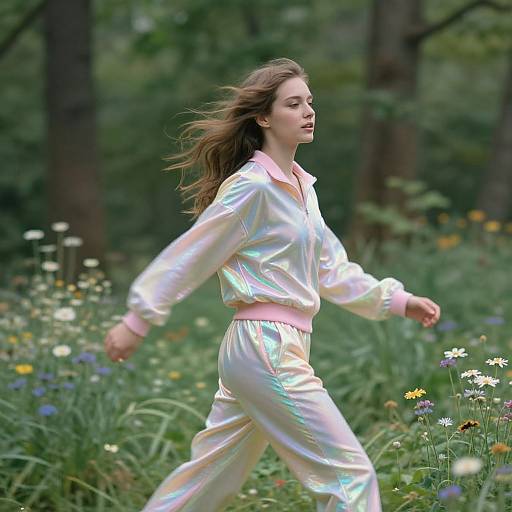 Photograph of a young woman with flowing brown hair in a shimmering white and pink outfit, running through a lush, colorful meadow with wildflowers