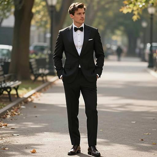 Man in Black Tuxedo Standing in Park