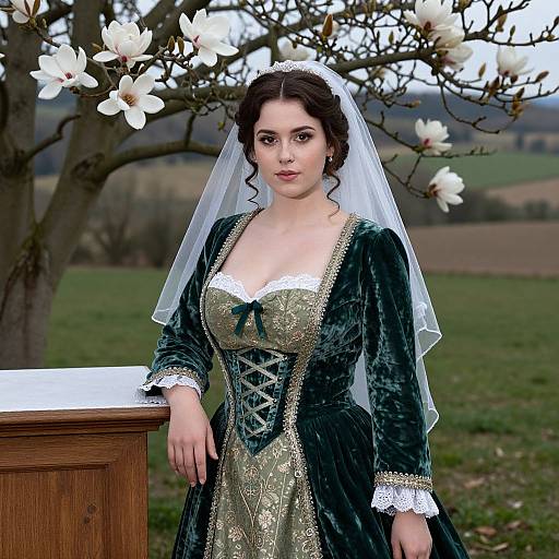 Photograph of a fair-skinned woman with dark brown hair, wearing a green velvet Renaissance-style dress with lace trim, white veil, and floral backdrop